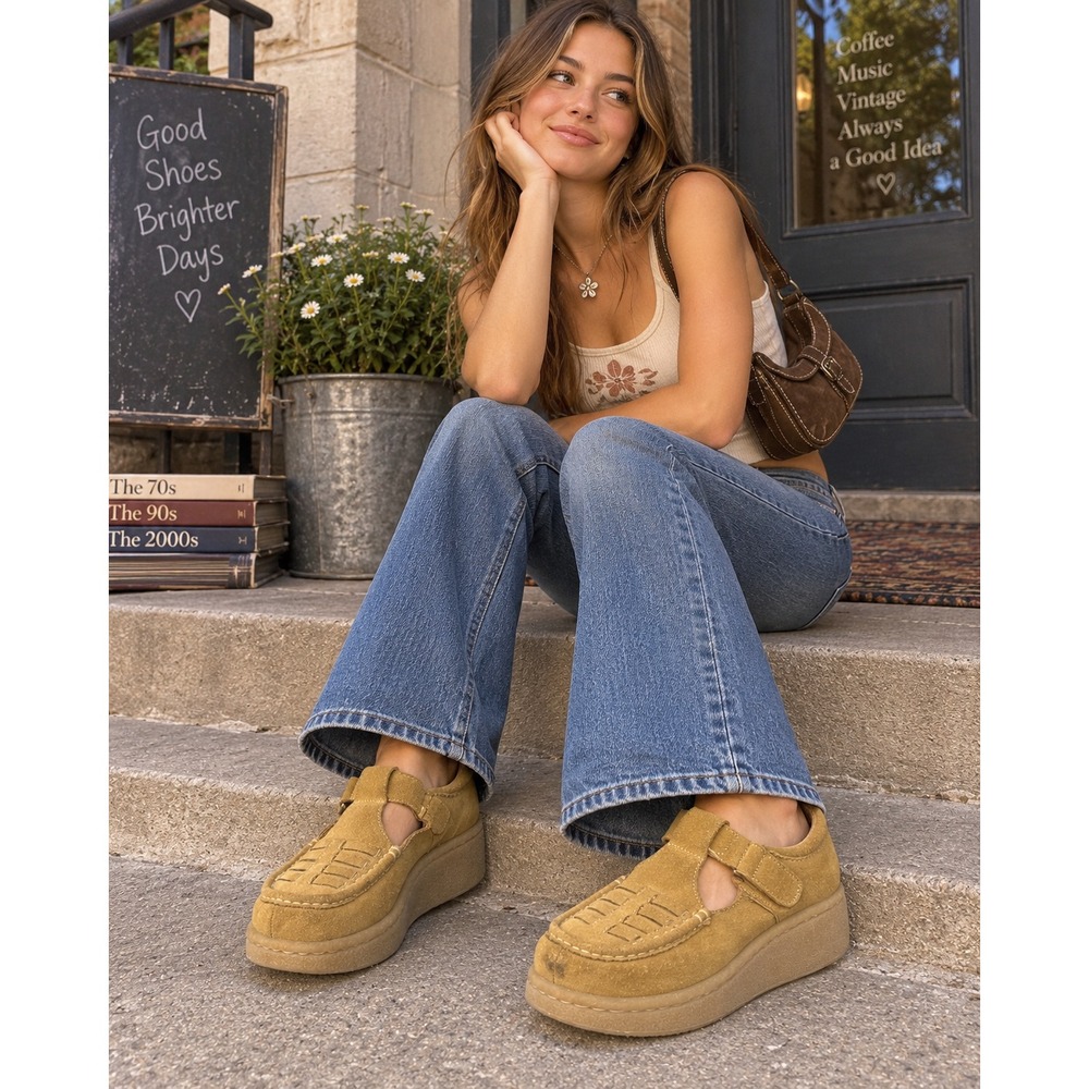 Mudd Daryl Vintage Y2K Tan Suede Platform Mary Jane Shoes Chunky Size 6.5 M